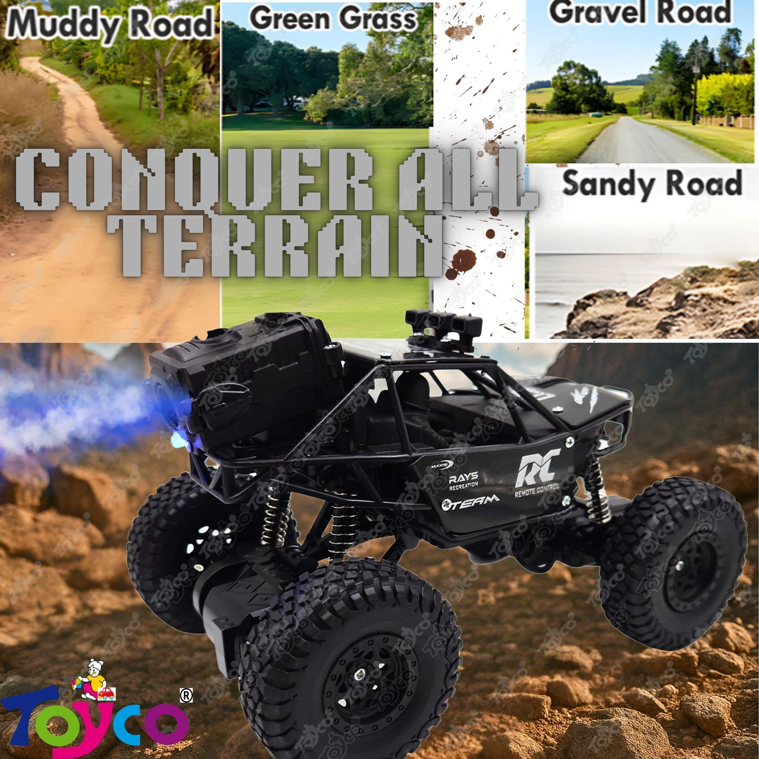 Toyco Rock Crawler 1:16 Offroad Monster RC Car with Smoke Function & Rechargeable Car (Black)