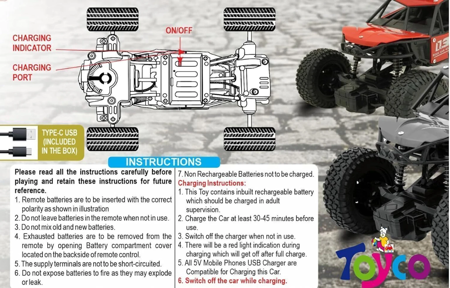 Toyco Rock Crawler 1:16 Offroad Monster RC Car with Smoke Function & Rechargeable Car (Black)