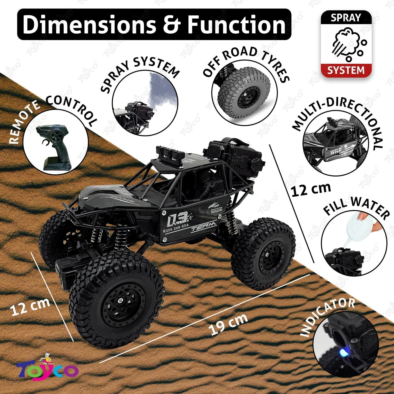 Toyco Rock Crawler 1:16 Offroad Monster RC Car with Smoke Function & Rechargeable Car (Black)