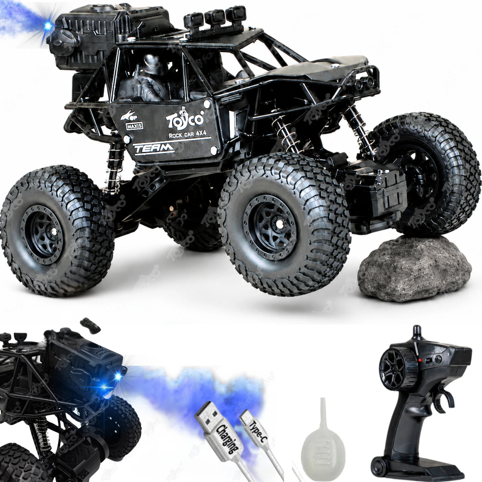 Toyco Rock Crawler 1:16 Offroad Monster RC Car with Smoke Function & Rechargeable Car (Black)